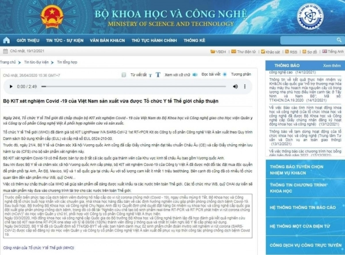 Bộ KH&CN chính thức thông tin về nội dung công bố liên quan tới Kit test của Việt Á